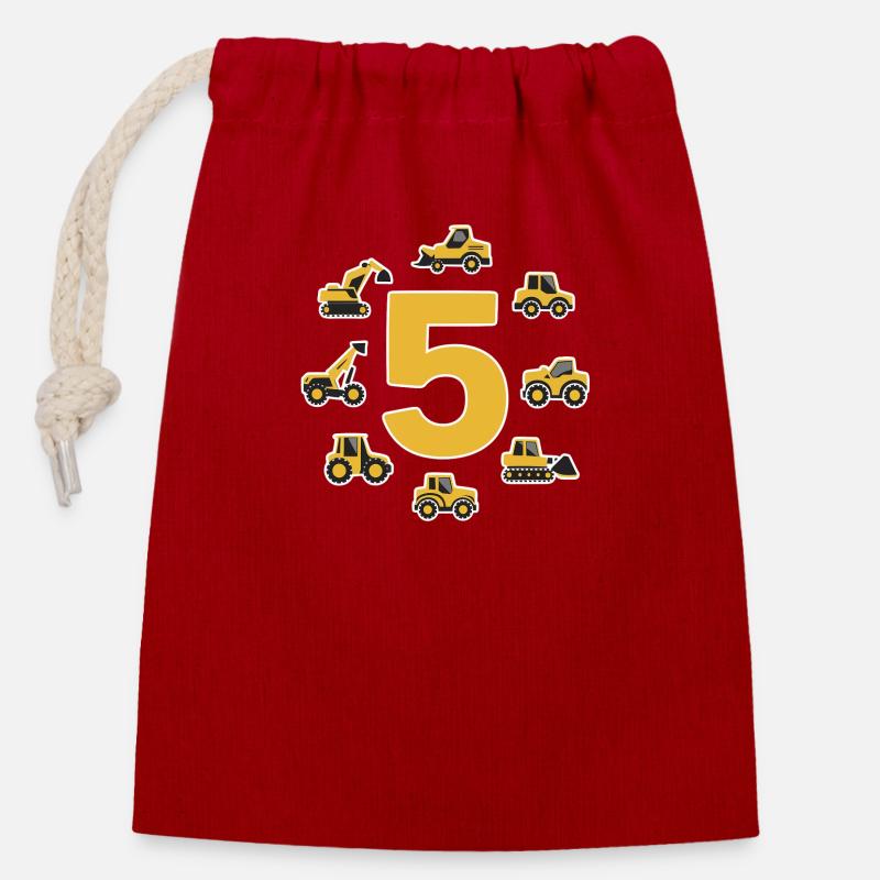 Construction site - 5 years - 5th birthday - Closable cotton gift bag (14x20cm) - red
