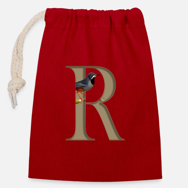 Lettre initiale R, Oiseau grive à pattes rouges - Sac cadeau en coton avec cordon (14 x 20 cm) - rouge