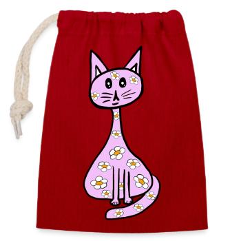 Mädchen Blumen Katze 80er Kinder Vintage - Verschließbarer Geschenkbeutel aus Baumwolle (14x20cm) - Rot - Vorne