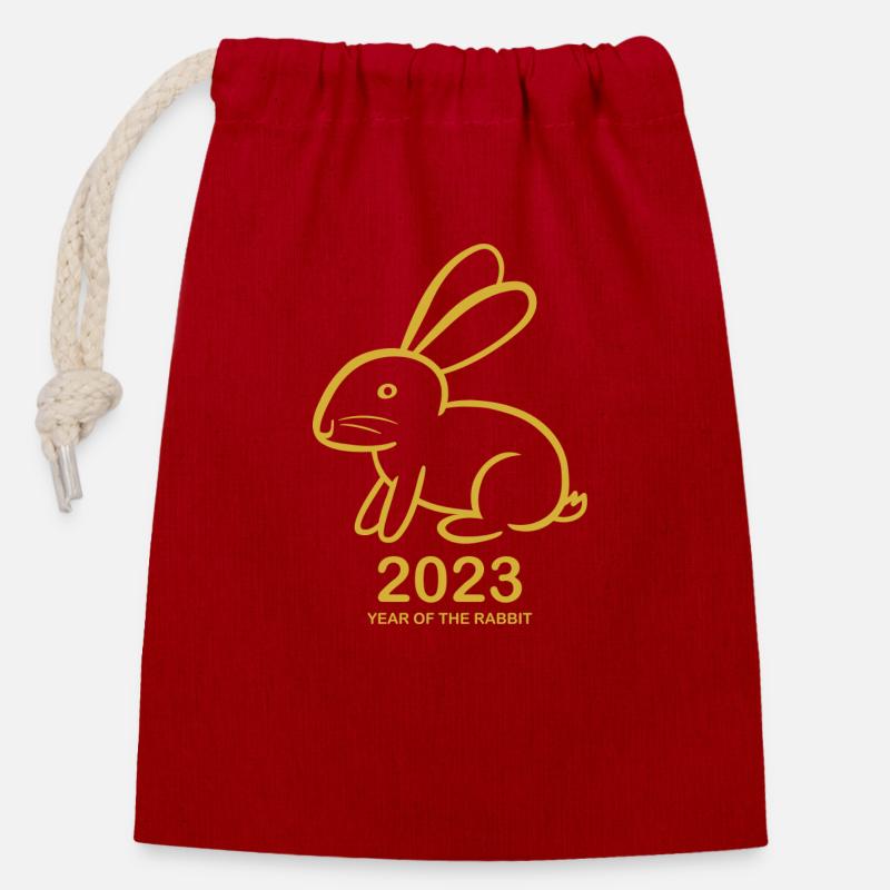 2023 Année du lapin - Sac cadeau en coton avec cordon (14 x 20 cm) - rouge