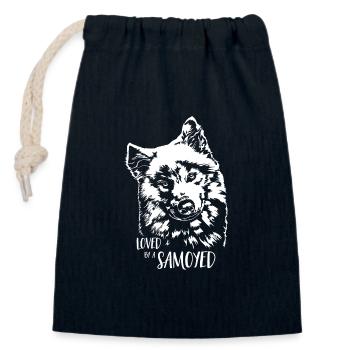 Aimé par un chien Samoyède Samoyède Chien Dicton - Sac cadeau en coton avec cordon (14 x 20 cm) - bleu marine - Devant