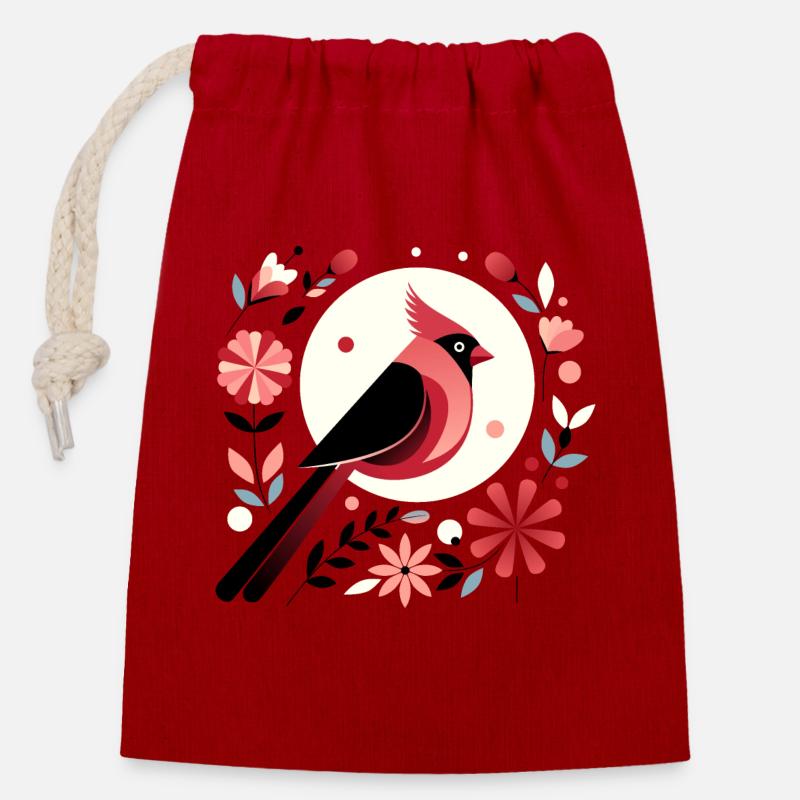 Cardinal et fleurs - Sac cadeau en coton avec cordon (14 x 20 cm) - rouge