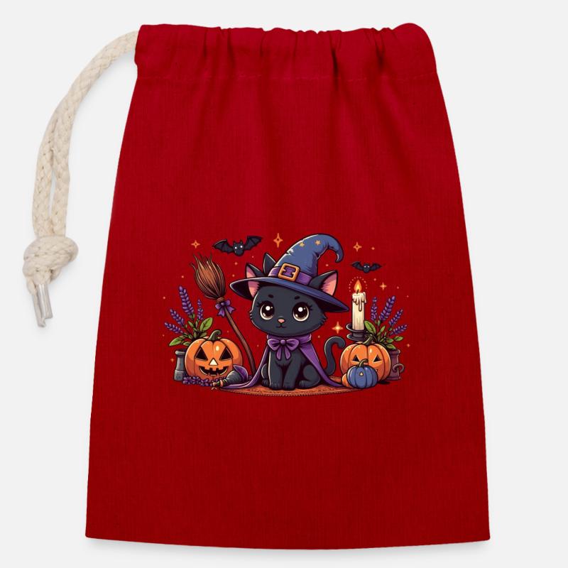 Spooky kitty Halloween 2 - Sac cadeau en coton avec cordon (14 x 20 cm) - rouge