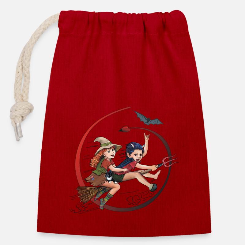 Hexi et Satani - Sac cadeau en coton avec cordon (14 x 20 cm) - rouge