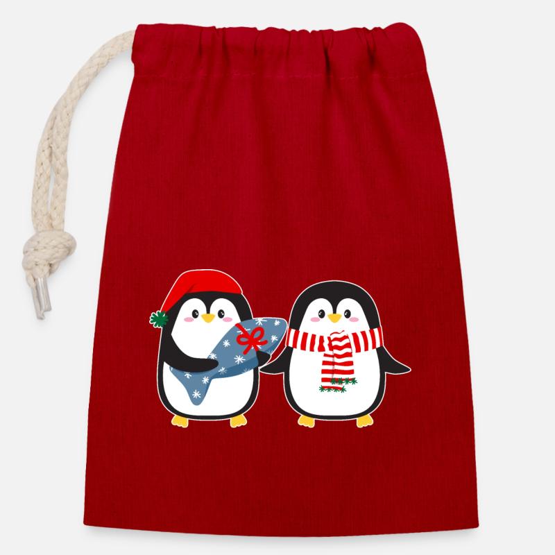 Cute penguins with gift - Closable cotton gift bag (14x20cm) - red