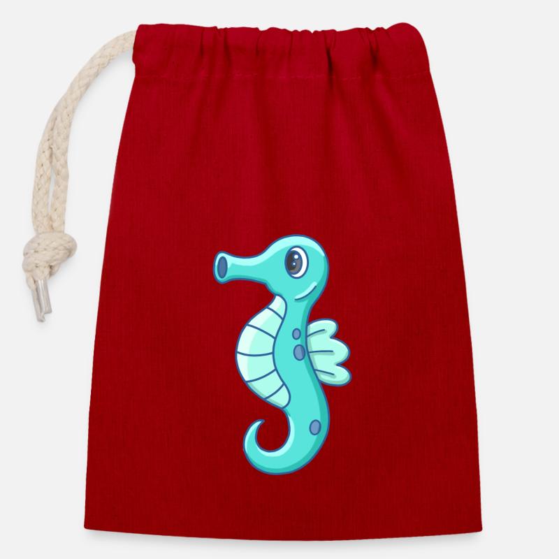 Mignon petit hippocampe - Sac cadeau en coton avec cordon (14 x 20 cm) - rouge