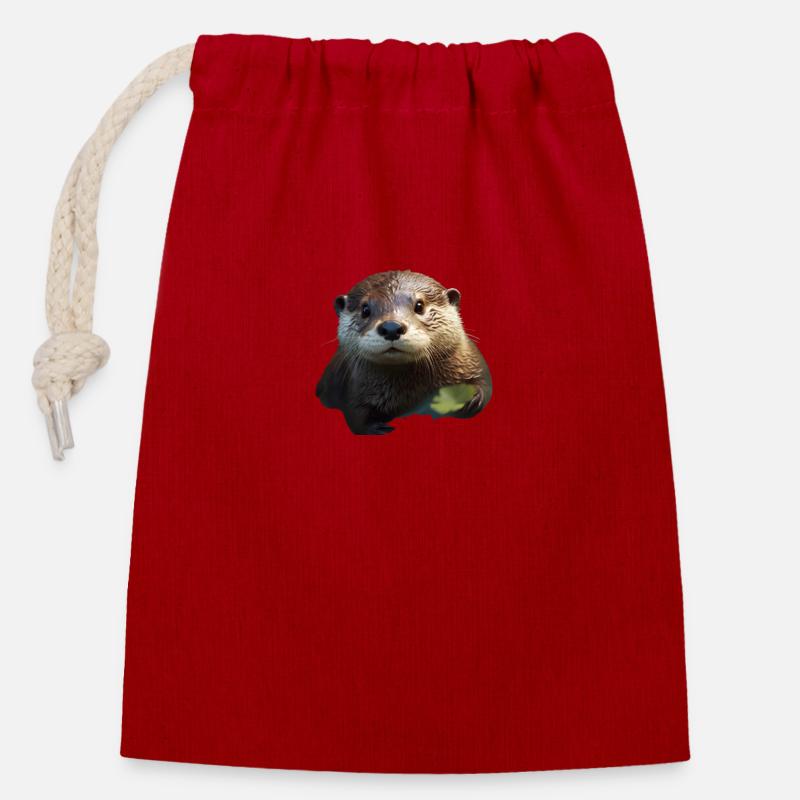 Loutre mignonne avec feuille - Sac cadeau en coton avec cordon (14 x 20 cm) - rouge