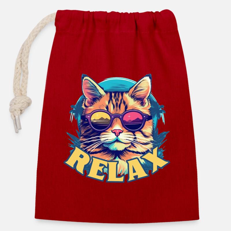Relaxed cat with sunglasses, summer look - Closable cotton gift bag (14x20cm) - red