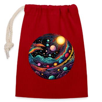 Surrealistisches Weltraum Kunstwerk mit Planeten - Verschließbarer Geschenkbeutel aus Baumwolle (14x20cm) - Rot - Vorne