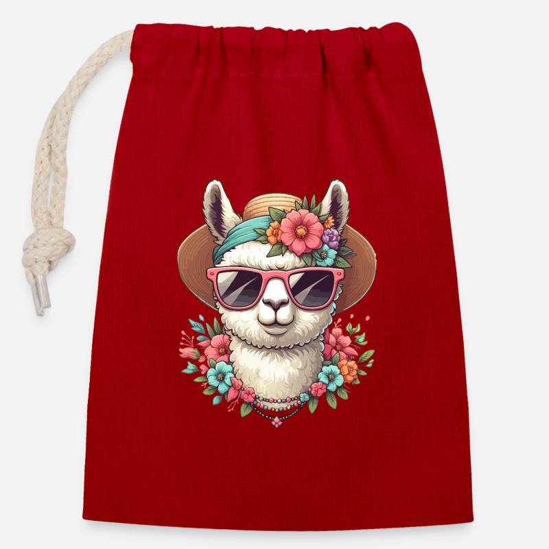 ALPAKA SOMMERHUT BLUME STRAUSS HIPPIE BRILLE KETTE - Verschließbarer Geschenkbeutel aus Baumwolle (14x20cm) - Rot