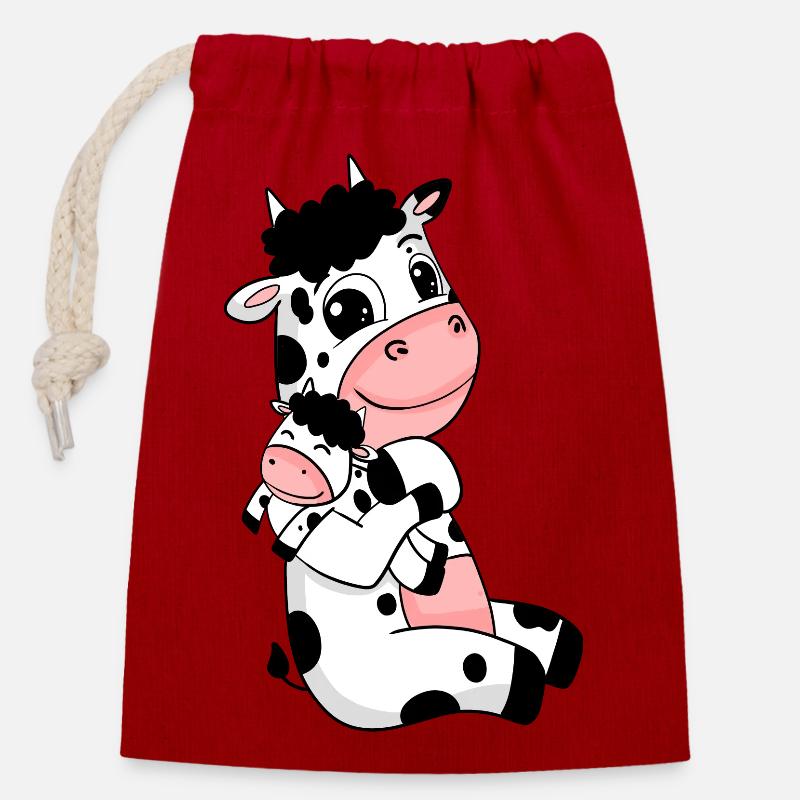 Famille de vaches - Vache avec bébé - Sac cadeau en coton avec cordon (14 x 20 cm) - rouge