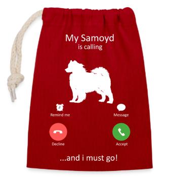 Samoyed Calling Funny Dog Phone Interface - Closable cotton gift bag (14x20cm) - red - Front