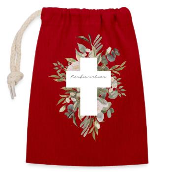 Konfirmation Geschenk – Florales Kreuz Design - Verschließbarer Geschenkbeutel aus Baumwolle (14x20cm) - Rot - Vorne