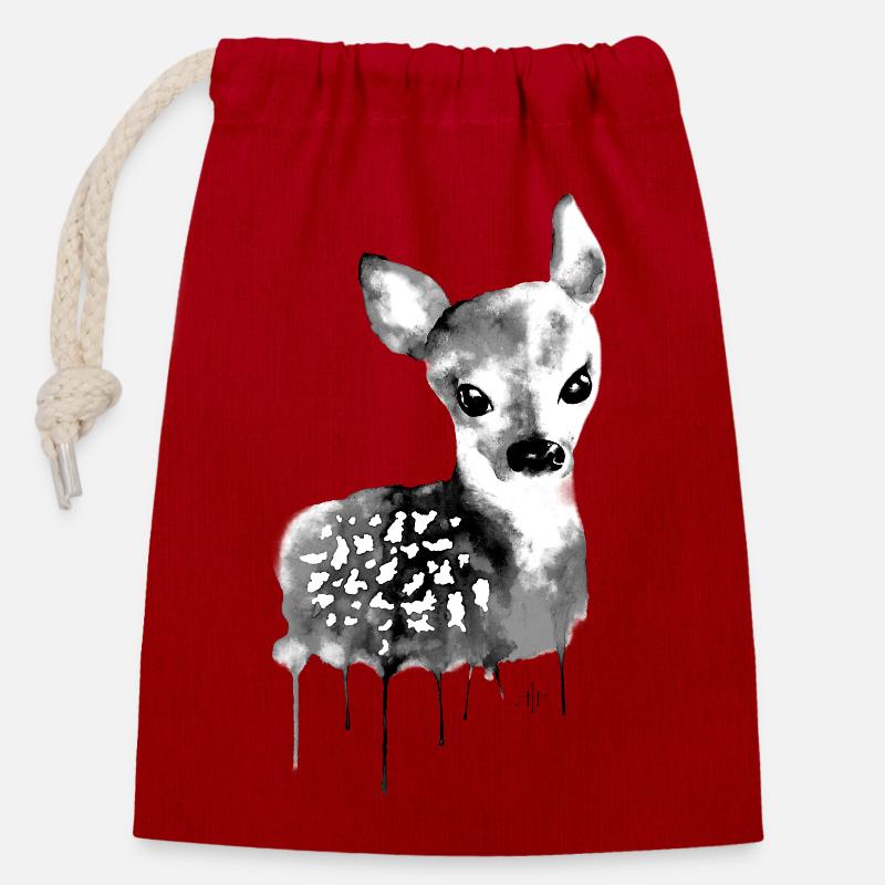Deer Black & White - Closable cotton gift bag (14x20cm) - red