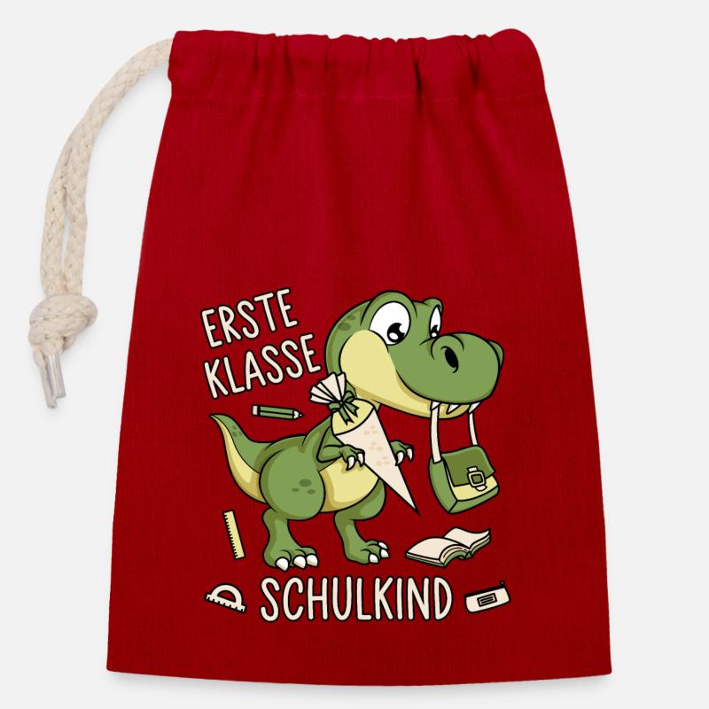 Schule Einschulung Dinosaurier Dino Schulkind - Verschließbarer Geschenkbeutel aus Baumwolle (14x20cm) - Rot