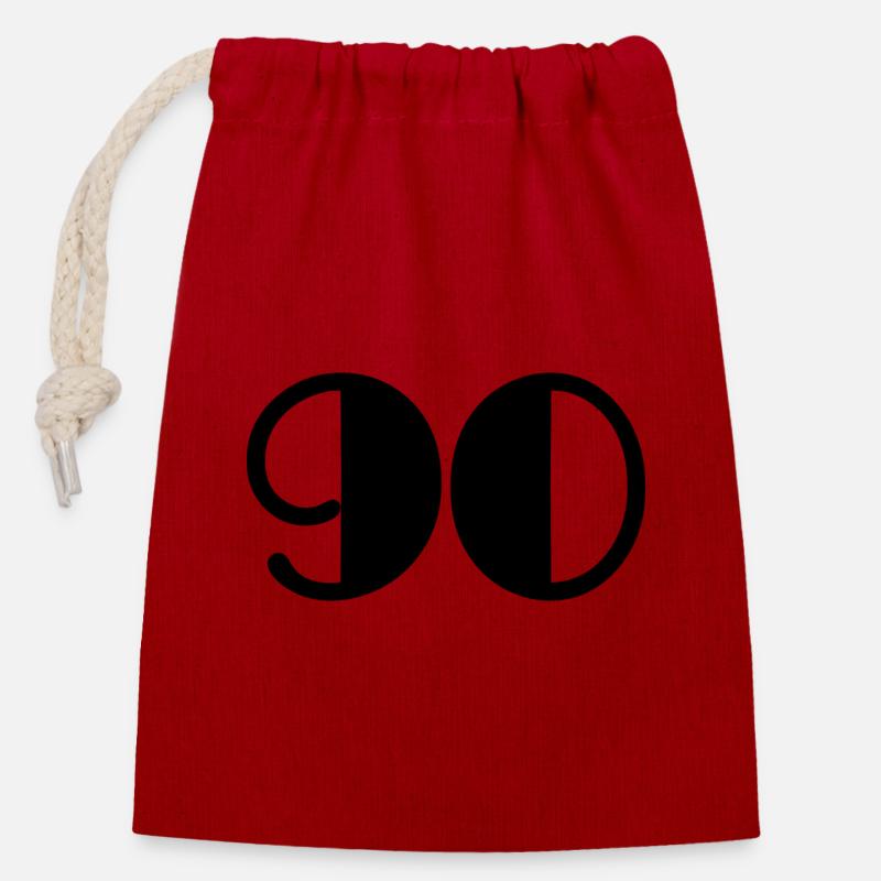 90. 90 ANS. 90e ANNIVERSAIRE. ANNIVERSAIRE 90 ANS. - Sac cadeau en coton avec cordon (14 x 20 cm) - rouge
