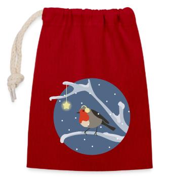 Little bird on the branch with snow - Closable cotton gift bag (14x20cm) - red - Front