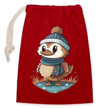 Canard mignon avec écharpe et chapeau à pompon. - Sac cadeau en coton avec cordon (14 x 20 cm) - rouge - Devant