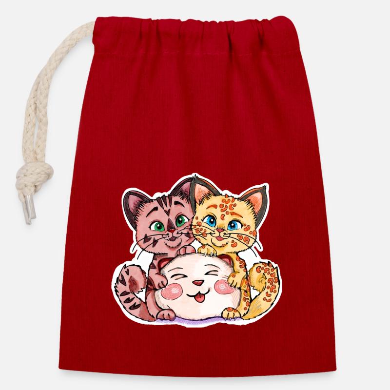 Two kittens with stuffed animal - Closable cotton gift bag (14x20cm) - red