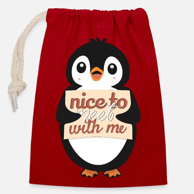 Ravi de me rencontrer - Signe Pingouin - Sac cadeau en coton avec cordon (14 x 20 cm) - rouge