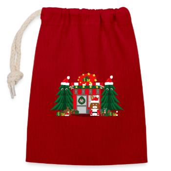 Nikolaus Shop mit Tannen und Geschenken. - Verschließbarer Geschenkbeutel aus Baumwolle (14x20cm) - Rot - Vorne