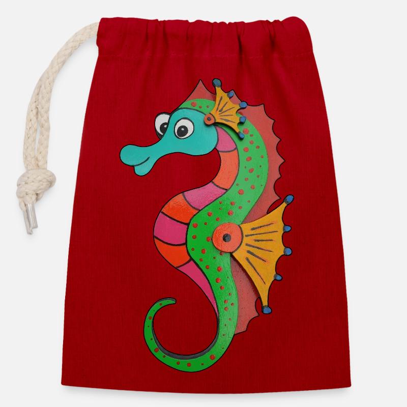 Hippocampe - Sac cadeau en coton avec cordon (14 x 20 cm) - rouge