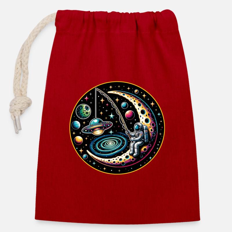 Astronaut sitzt auf Mond und angelt ein UFO - Verschließbarer Geschenkbeutel aus Baumwolle (14x20cm) - Rot