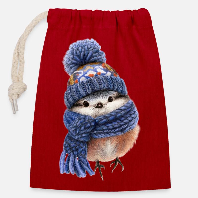 Oiseau d’hiver avec écharpe - Sac cadeau en coton avec cordon (14 x 20 cm) - rouge