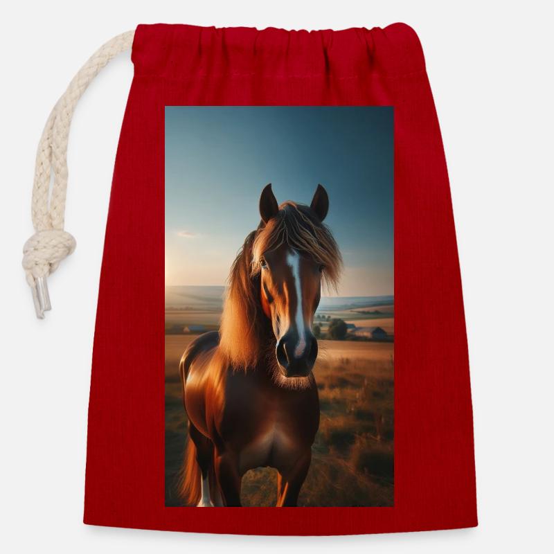 Cheval - Sac cadeau en coton avec cordon (14 x 20 cm) - rouge