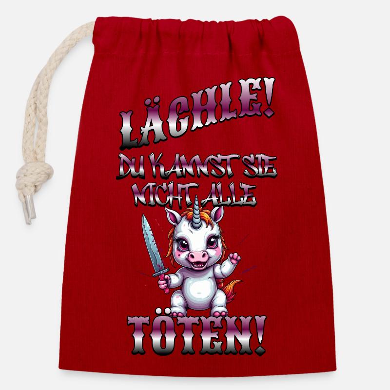 Böses Einhorn, lustiger Spruch - Verschließbarer Geschenkbeutel aus Baumwolle (14x20cm) - Rot