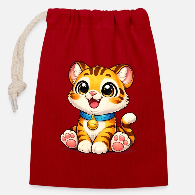 Kätzchen-Tiger mit Glöckchen - Verschließbarer Geschenkbeutel aus Baumwolle (14x20cm) - Rot
