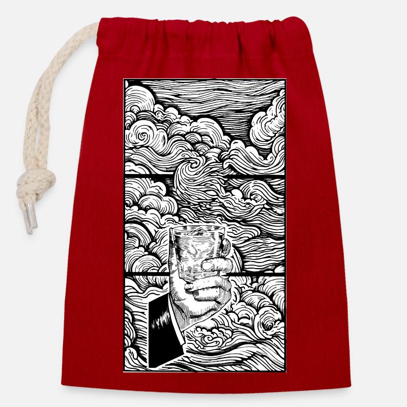 Mer de nuages et main de verre - Sac cadeau en coton avec cordon (14 x 20 cm) - rouge