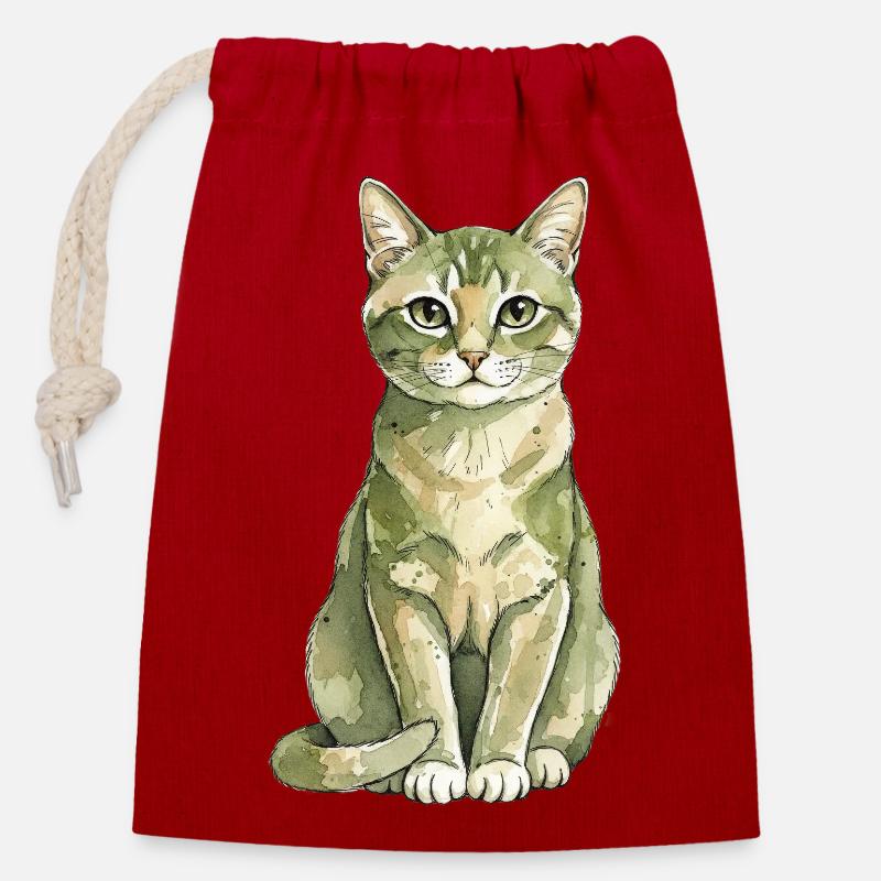 Chat - Chat naturel - Sac cadeau en coton avec cordon (14 x 20 cm) - rouge