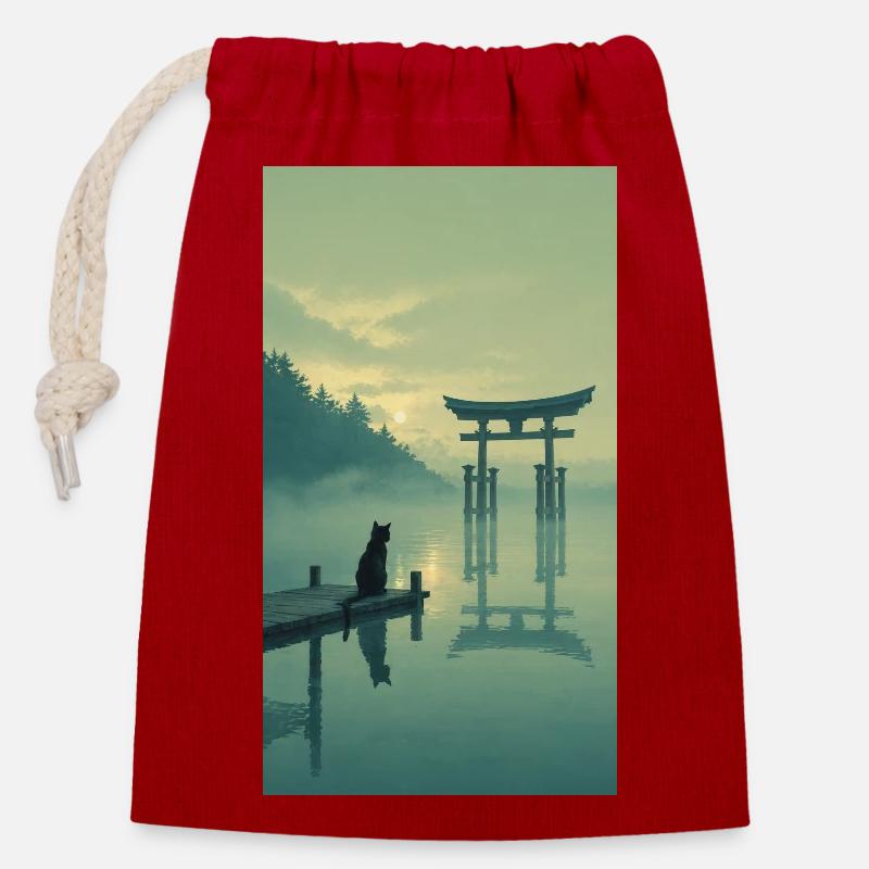 Schwarze Katze am Torii – Asian Zen Design - Verschließbarer Geschenkbeutel aus Baumwolle (14x20cm) - Rot