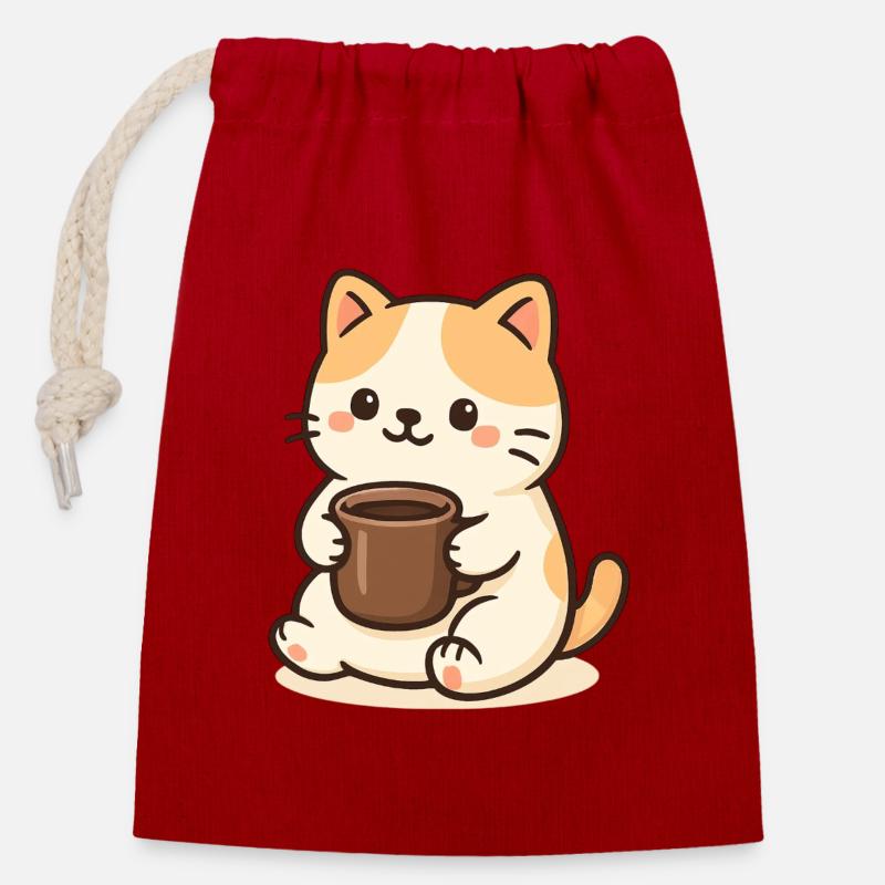 Cat with Cup - Verschließbarer Geschenkbeutel aus Baumwolle (14x20cm) - Rot