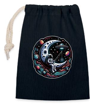 Un astronaute est assis sur le croissant de lune et pêche - Sac cadeau en coton avec cordon (14 x 20 cm) - bleu marine - Devant