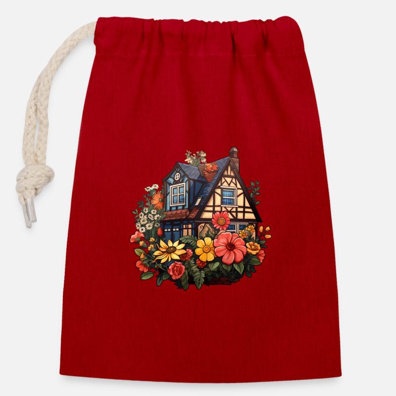 Ernhaus Blumen - Verschließbarer Geschenkbeutel aus Baumwolle (14x20cm) - Rot