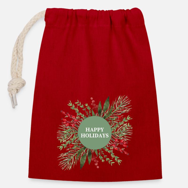 Joyeuses Fêtes - Sac cadeau en coton avec cordon (14 x 20 cm) - rouge