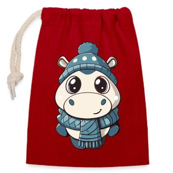 Hippopotame mignon avec écharpe et chapeau à pompon. - Sac cadeau en coton avec cordon (14 x 20 cm) - rouge - Devant