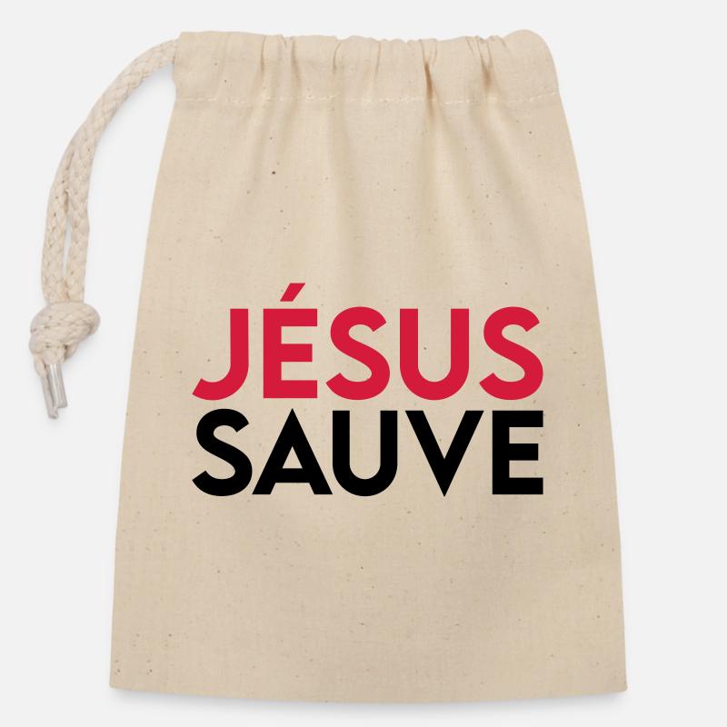 Jésus sauve - Sac cadeau en coton avec cordon (14 x 20 cm) - nature
