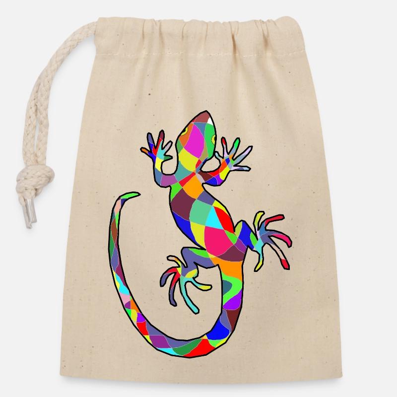 gecko coloré - Sac cadeau en coton avec cordon (14 x 20 cm) - nature