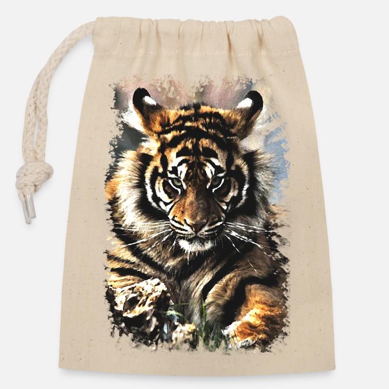 Tigre - Sac cadeau en coton avec cordon (14 x 20 cm) - nature