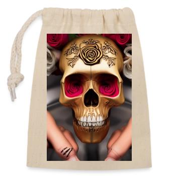 Crâne d’or avec des roses - Sac cadeau en coton avec cordon (14 x 20 cm) - nature - Devant
