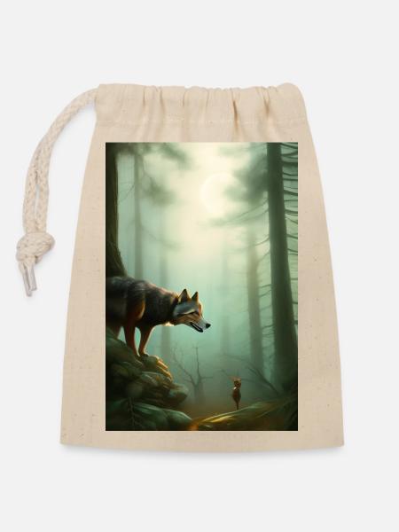Loup dans la forêt - Sac cadeau en coton avec cordon (14 x 20 cm) - nature