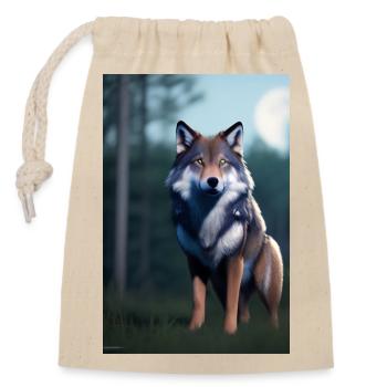 Wolf und Mond - Verschließbarer Geschenkbeutel aus Baumwolle (14x20cm) - Natur - Vorne