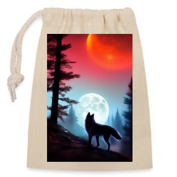 Wolf und Mond - Verschließbarer Geschenkbeutel aus Baumwolle (14x20cm) - Natur - Vorne