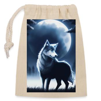 Wolf und Mond - Verschließbarer Geschenkbeutel aus Baumwolle (14x20cm) - Natur - Vorne