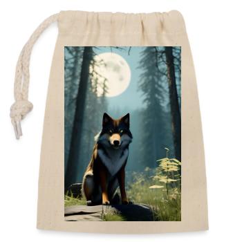 Wolf und Mond - Verschließbarer Geschenkbeutel aus Baumwolle (14x20cm) - Natur - Vorne