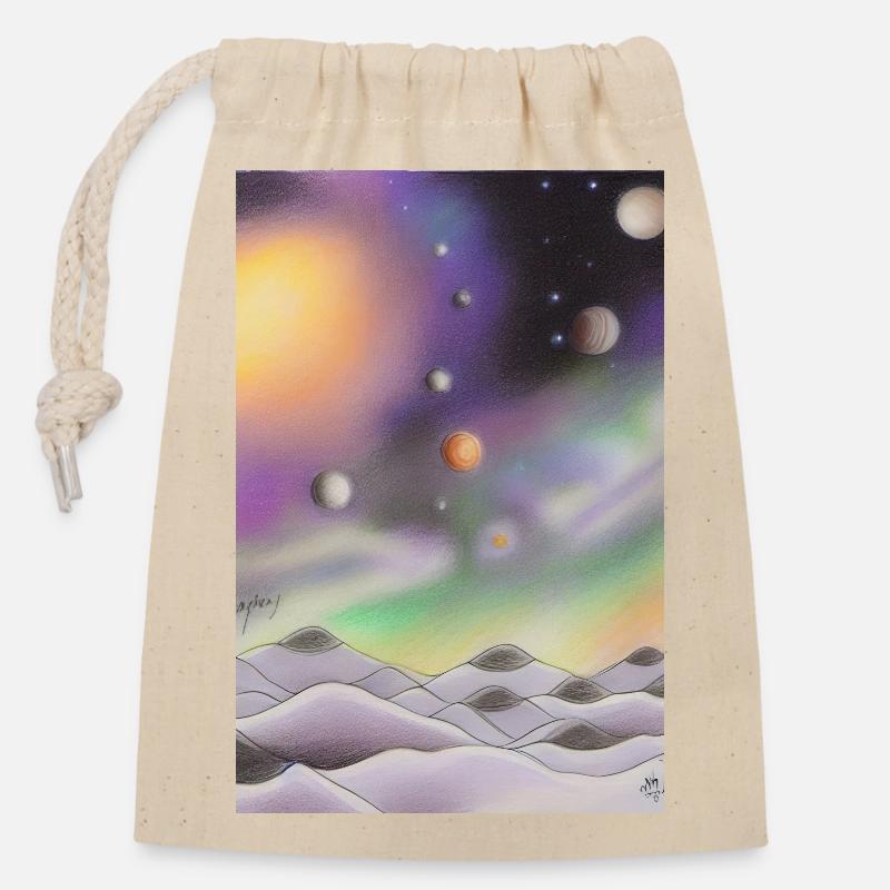 Espace et planètes - Sac cadeau en coton avec cordon (14 x 20 cm) - nature