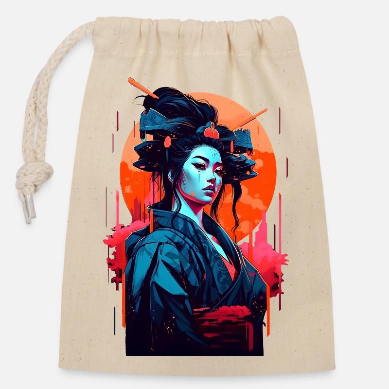 Geisha rétro - Sac cadeau en coton avec cordon (14 x 20 cm) - nature